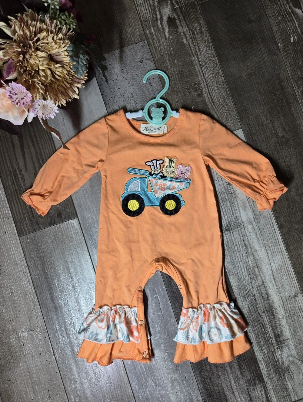 Marie Nicole Orange Animal Dump Truck Embroidered Romper 0–3M NWOT